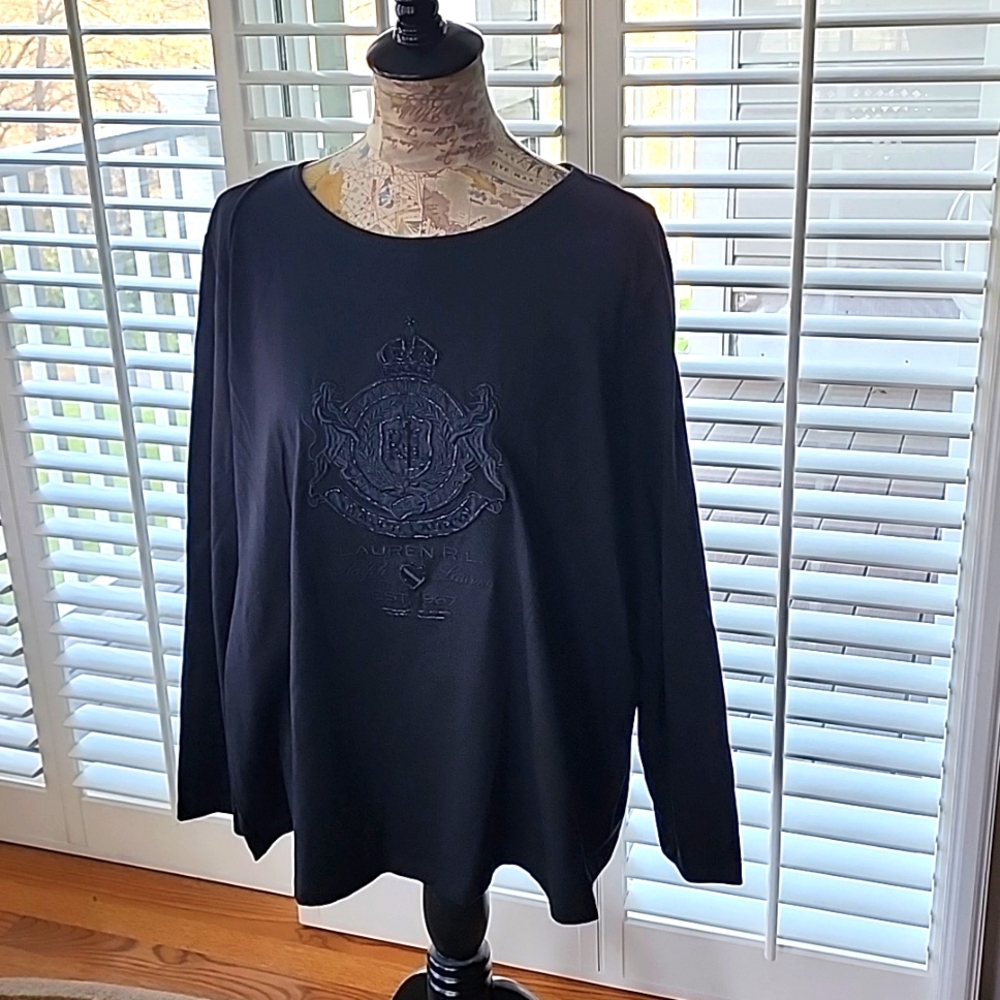 Lauren Ralph Lauren Black Long Sleeve Shirt with Beaded Crest - Size 3X